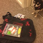 Chihuahua with toy Staypuft and Ghostbusters DVD